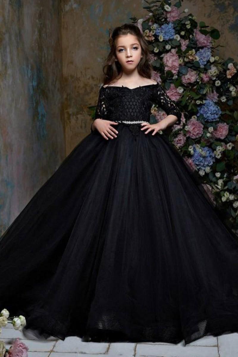 A-Line Off-Shoulder Lace Long Sleeve Tulle Flower Girl Dresses 689012261696 - 10 Days / Black / 2 - COCOMELODY